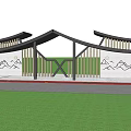 Modern Chinese Pergola With Curved Roof Wooden Strips And Landscape Painting Panels On Green Lawn