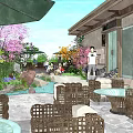 Rooftop Garden Design Featuring Stone Paved Walkway Water Feature Pink Flowering Trees And Relaxing Seating