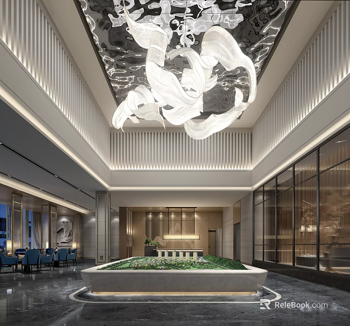 Modern Sales Office Interior Design Featuring Artistic Chandelier Green Plant Display And Glass Curtain Wall 3d model 