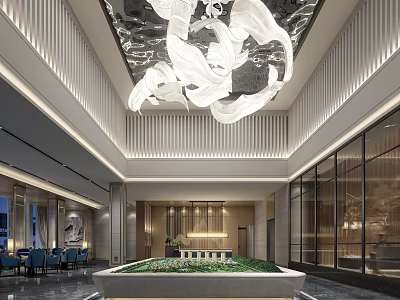 Modern Sales Office Interior Design Featuring Artistic Chandelier Green Plant Display And Glass Curtain Wall 3d model
