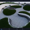 Modern Park Landscape With Curved Pathways Circular Lawns And Paved Seating Areas