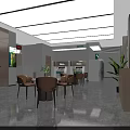Modern Bank Open Space Interior With Green Yellow Striped Walls Tables Chairs And Green Plants