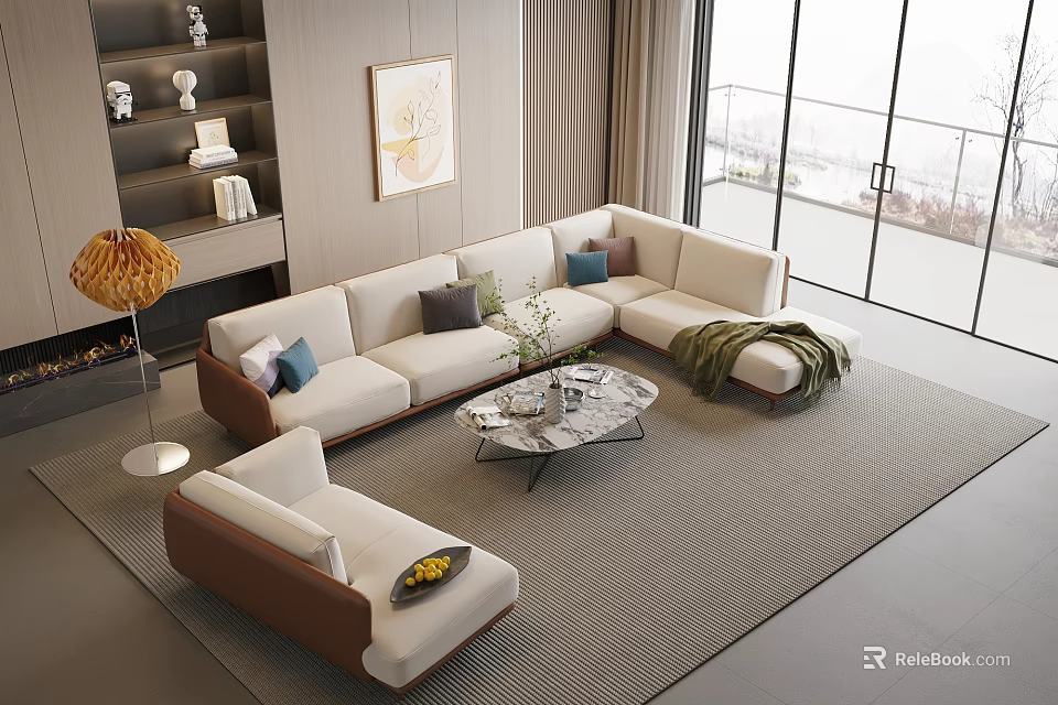 Modern Sofa with Coffee Table Set White Brown Marble Top Pillows in Stylish Living Room 3d model 