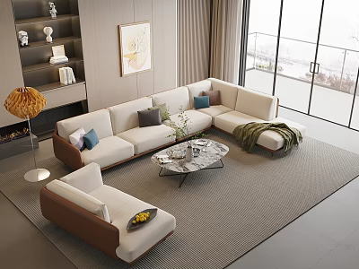 Modern Sofa with Coffee Table Set White Brown Marble Top Pillows in Stylish Living Room 3d model