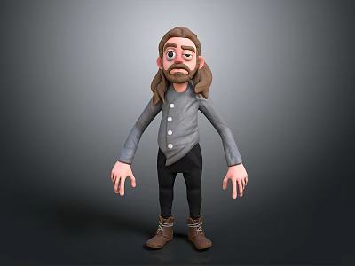 3D Man Character With Long Hair Beard Gray Shirt Black Pants Brown Boots Gray Background 3d model
