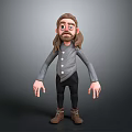3D Man Character With Long Hair Beard Gray Shirt Black Pants Brown Boots Gray Background