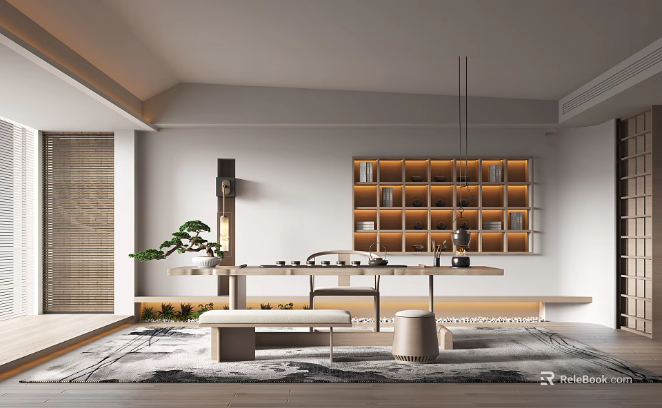 Modern Tea Room Interior Design With Wooden Tea Table Sets Bookshelf And Green Plant 3d model 