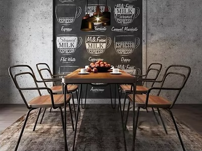 Industrial Style Dining Table Set with Wooden Top Metal Chairs Chalkboard Wall and Pendant Lamp 3d model