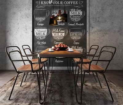 Industrial Style Dining Table Set with Wooden Top Metal Chairs Chalkboard Wall and Pendant Lamp 3d model