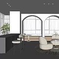 Modern Lounge Area With Open Layout White Walls Arched Windows Beige Sofas Bar And Greenery 3d model