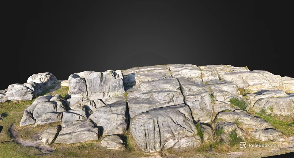 Natural Stone And Wood Elements In Outdoor Garden Landscape With Grass And Rocks 3d model 