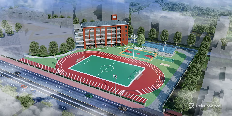 Campus Sports Facility With Red Running Track Green Football Field And Basketball Court 3d model 