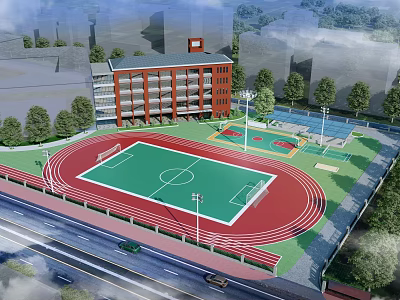 Campus Sports Facility With Red Running Track Green Football Field And Basketball Court 3d model