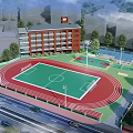 Campus Sports Facility With Red Running Track Green Football Field And Basketball Court
