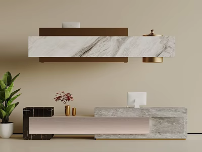 Modern Bar Counter With Marble Top Green Plant Decorations And Pendant Light 3d model