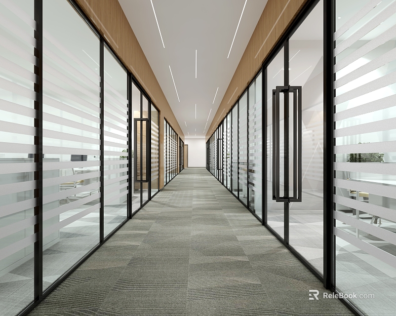 Modern Office Corridor With Glass Partitions Wooden Ceiling And Gray Carpet 3d model 