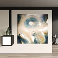 Abstract Painting With Blue Beige White Tones Circular Fan Shaped Patterns Flowing Layers And Texture