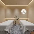 SPA Sauna Lobby Interior With Marble Reception Desk Red Beige Shelves And Green Plant