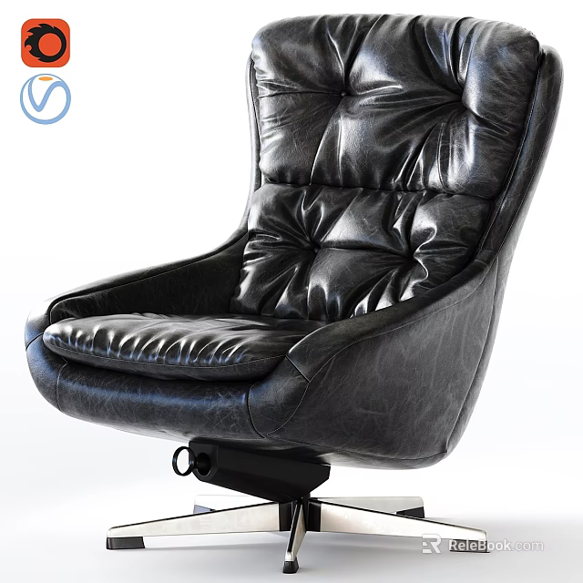 Black Leather Leisure Chair With Plush Backrest And Swivel Base Stitched Design 3d model 