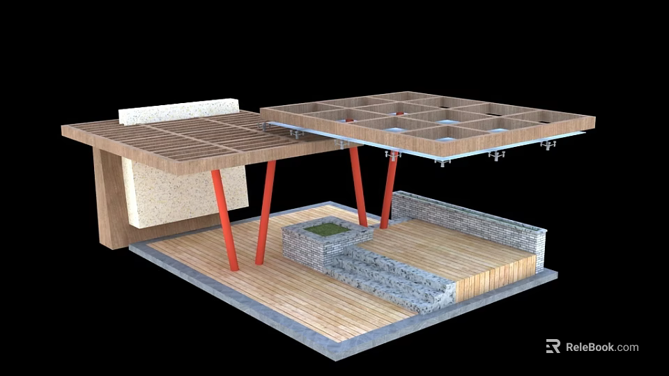 Modern Pergola Design With Wooden Lattice Roof Red Pillars And Stone Slab Base 3d model 