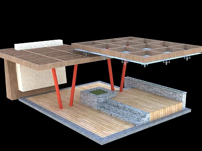 Modern Pergola Design With Wooden Lattice Roof Red Pillars And Stone Slab Base 3d model