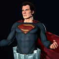 Man in Superman Costume Standing with Red Flowing Cape on Green Column Base