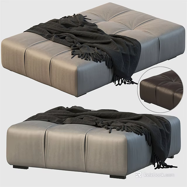 Modern Light Gray Leather Ottoman With Fringed Black Blanket And Stitched Details 3d model 