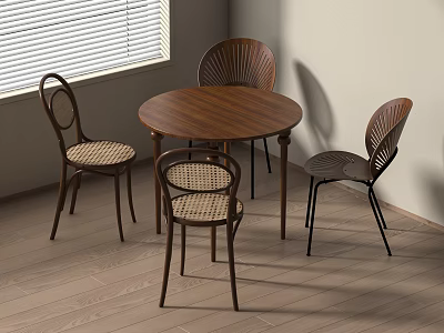 Round Wooden Dining Table Set With Woven Rattan Chairs And Natural Light Wooden Floor 3d model