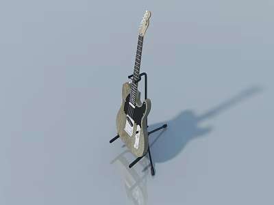 Acoustic Guitar On Black Stand With Shadow On Gray Background 3d model