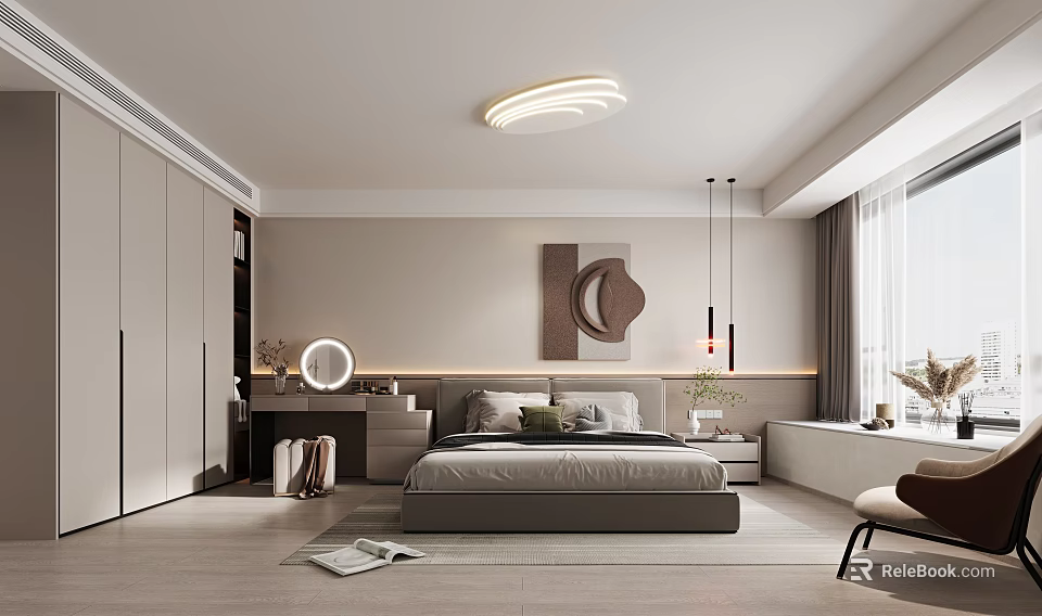Modern Bedroom Interior Design With Round Ceiling Light Decorative Painting And Wooden Floor 3d model 