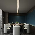 Private Dining Box Interior With Round Table White Chairs Blue Patterned Wall And Ceiling Light 3d model