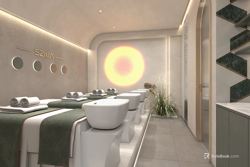 Modern Beauty Hair Salon Interior With Treatment Tables Green Towels Circular Decor Soft Lighting 3d model 