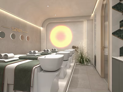 Modern Beauty Hair Salon Interior With Treatment Tables Green Towels Circular Decor Soft Lighting 3d model