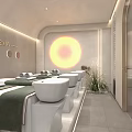 Modern Beauty Hair Salon Interior With Treatment Tables Green Towels Circular Decor Soft Lighting