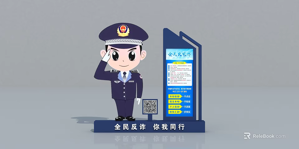 Public Security Anti Fraud Notice Billboard With Cartoon Police Officer 3d model 