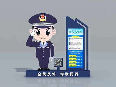 Public Security Anti Fraud Notice Billboard With Cartoon Police Officer 3d model