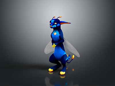 Blue Fantasy Creature Character With Wings Yellow Claws And Orange Accents Standing Pose 3d model