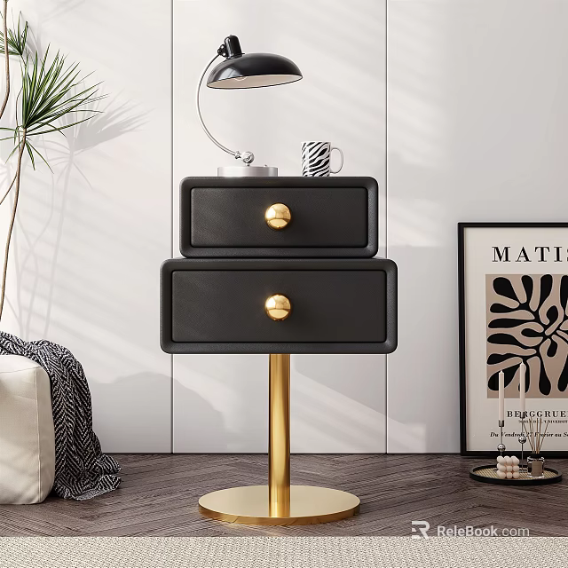 Modern Black Bedside Table With Golden Handles And Gold Base Near Lamp Decorative Painting 3d model 