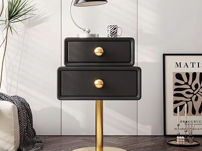 Modern Black Bedside Table With Golden Handles And Gold Base Near Lamp Decorative Painting 3d model