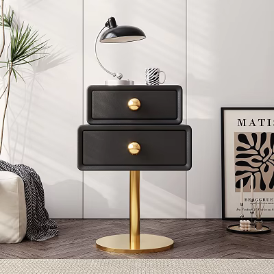Modern Black Bedside Table With Golden Handles And Gold Base Near Lamp Decorative Painting 3d model