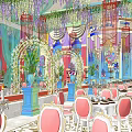 Banquet Hall Interior With Hanging Floral Decor Green Red Drapes Archway And Pink Chairs