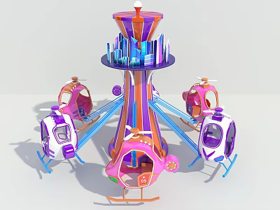 Colorful Rotary Helicopter Amusement Ride With Central Tower And Playful Cabins 3d model