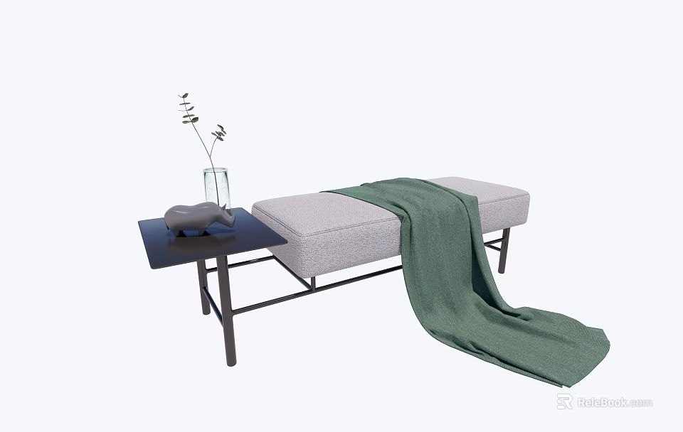 Cozy Footstool With Gray Cushion Green Blanket And Small Table With Vase Plant 3d model 