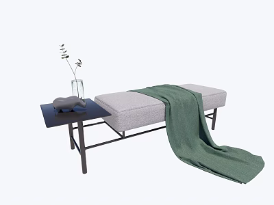 Cozy Footstool With Gray Cushion Green Blanket And Small Table With Vase Plant 3d model
