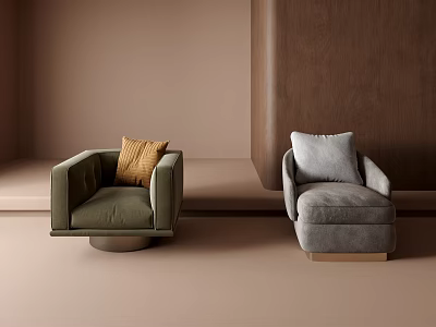 Green and Gray Single Sofas with Pillows in Modern Brown Room Interior Design 3d model
