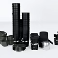 Stacked Black PHANT Cups With Various Sizes Stackable Design And Silver Trays 3d model