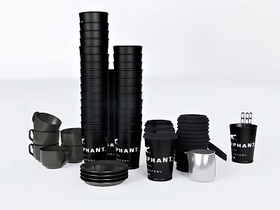 Stacked Black PHANT Cups With Various Sizes Stackable Design And Silver Trays 3d model
