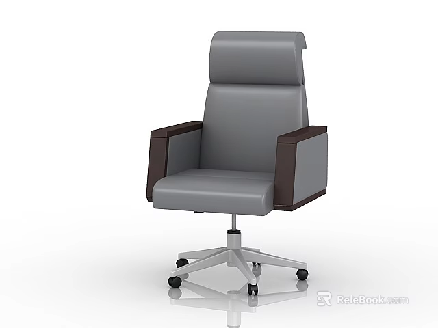 Gray Leather High Back Office Chair With Dark Armrests And Rolling Wheels 3d model 