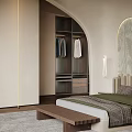 Modern Curved Bedroom Interior With TV Open Wardrobe Green Bedding And Wooden Floor Rug