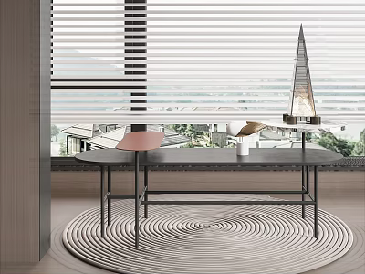 Modern Black Coffee Table with Metal Frame on Round Rug by Window Blinds and Scenic View 3d model